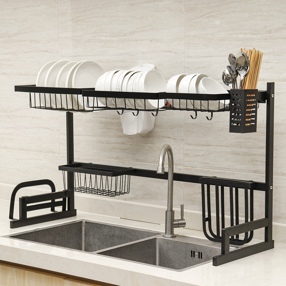 25.5 / 33.5 inch 2 Tier Dish Drying Rack Over the Sink Kitchen Supplies