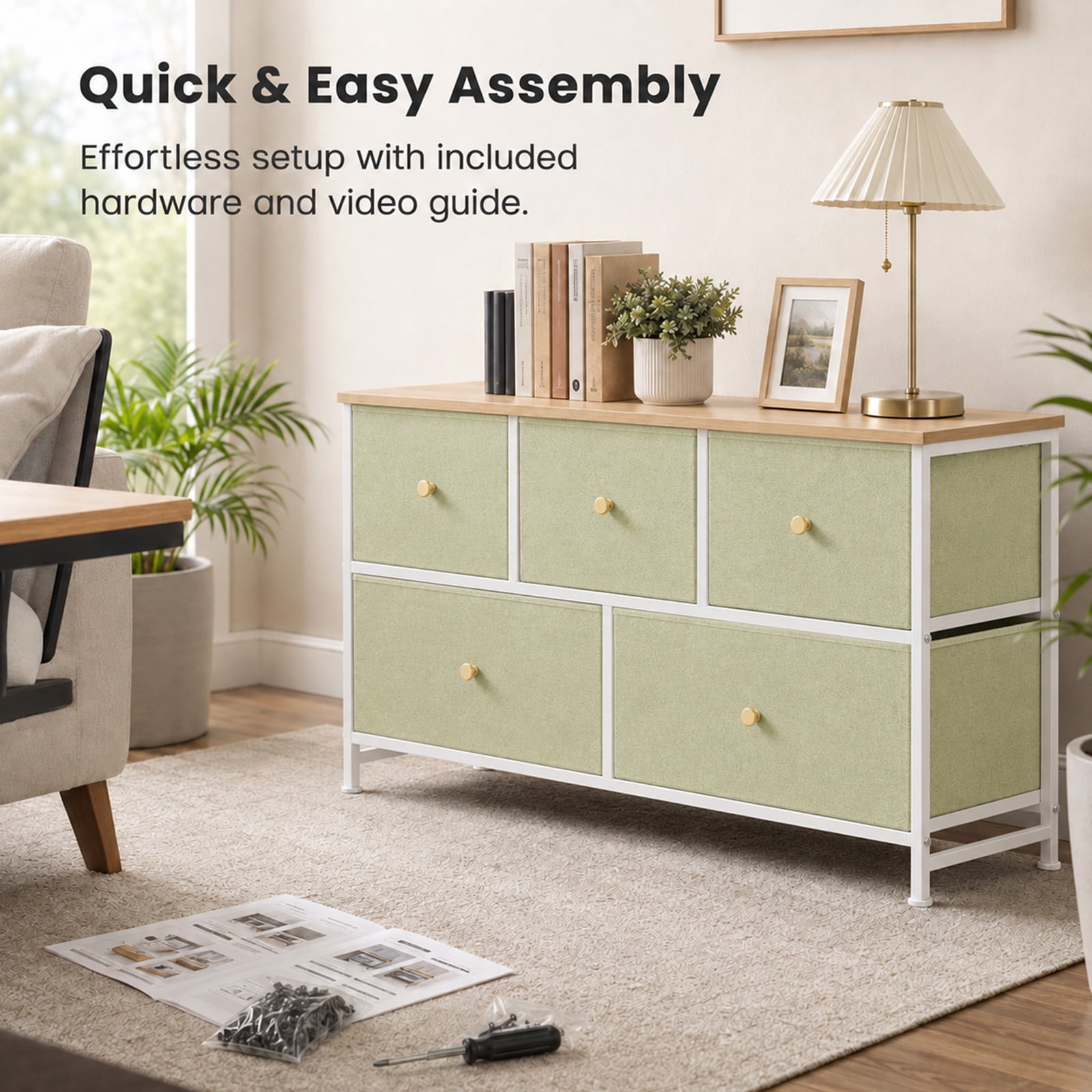 Alvantor 5/7 Drawer Fabric Dresser, Storage Tower for Bedroom and Closet, Chest of Drawers with Sturdy Steel Frame & Wooden Top for Living Room, Entryway