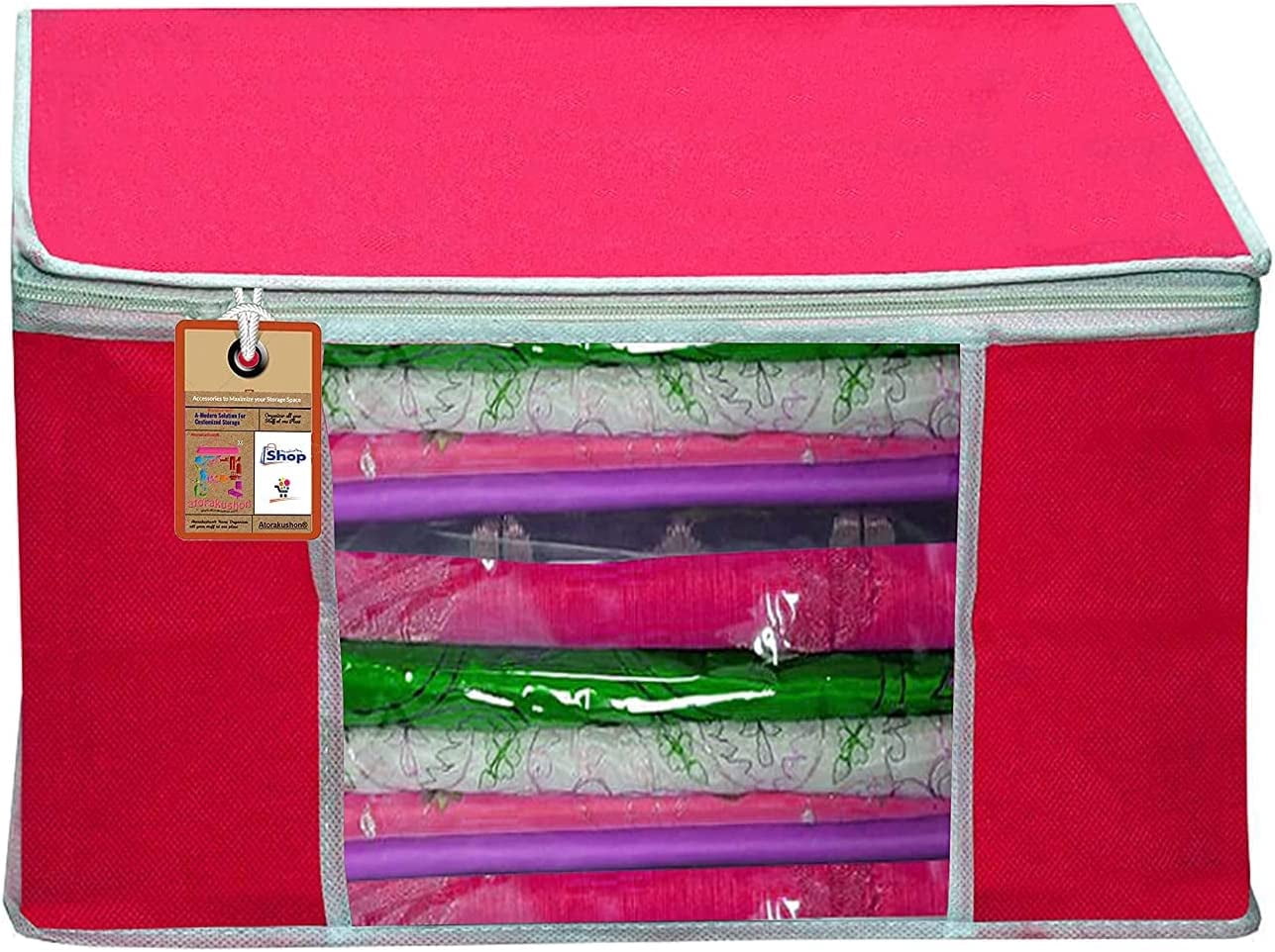 atorakushon Pack of 2 Nonwoven Fabric Foldable Garments Sare Blouse Clothes Storage Cover Bag Pouch With Transparent Window and Zip Lock (Pink)
