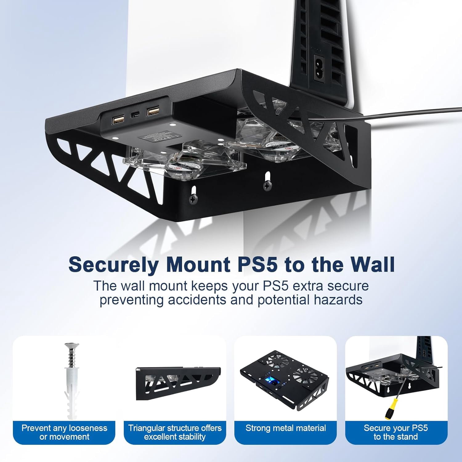 Wall Mount Kit for PS5/Slim with Charging Station and Cooling Fans, for PS5 Shelf Wall Mount Accessories, Steel Wall Stand with Dual Controller Charger, Headset Hanger for PS5  All Versions
