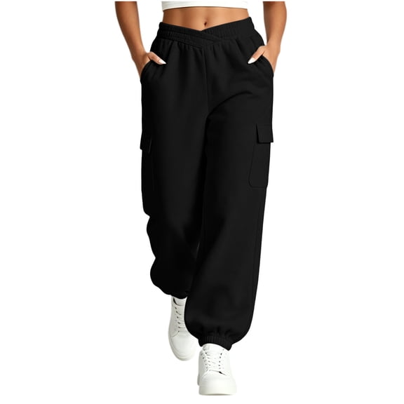 ZHYou No Boundarie Fleece Sweatpants for Women Casual Soft Stretch High Waist Cuffed Leg Loose Fall Winter Pants with Pockets,Black,Size M