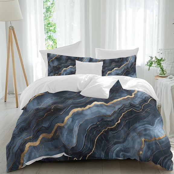Navy Blue and Gold Marble Duvet Cover Set Queen Size, Modern Abstract Blue Gradient 4 Piece Soft Microfiber Bedding Set with 1 Duvet Cover, 1 Flat Sheet, 2 Pillowcases