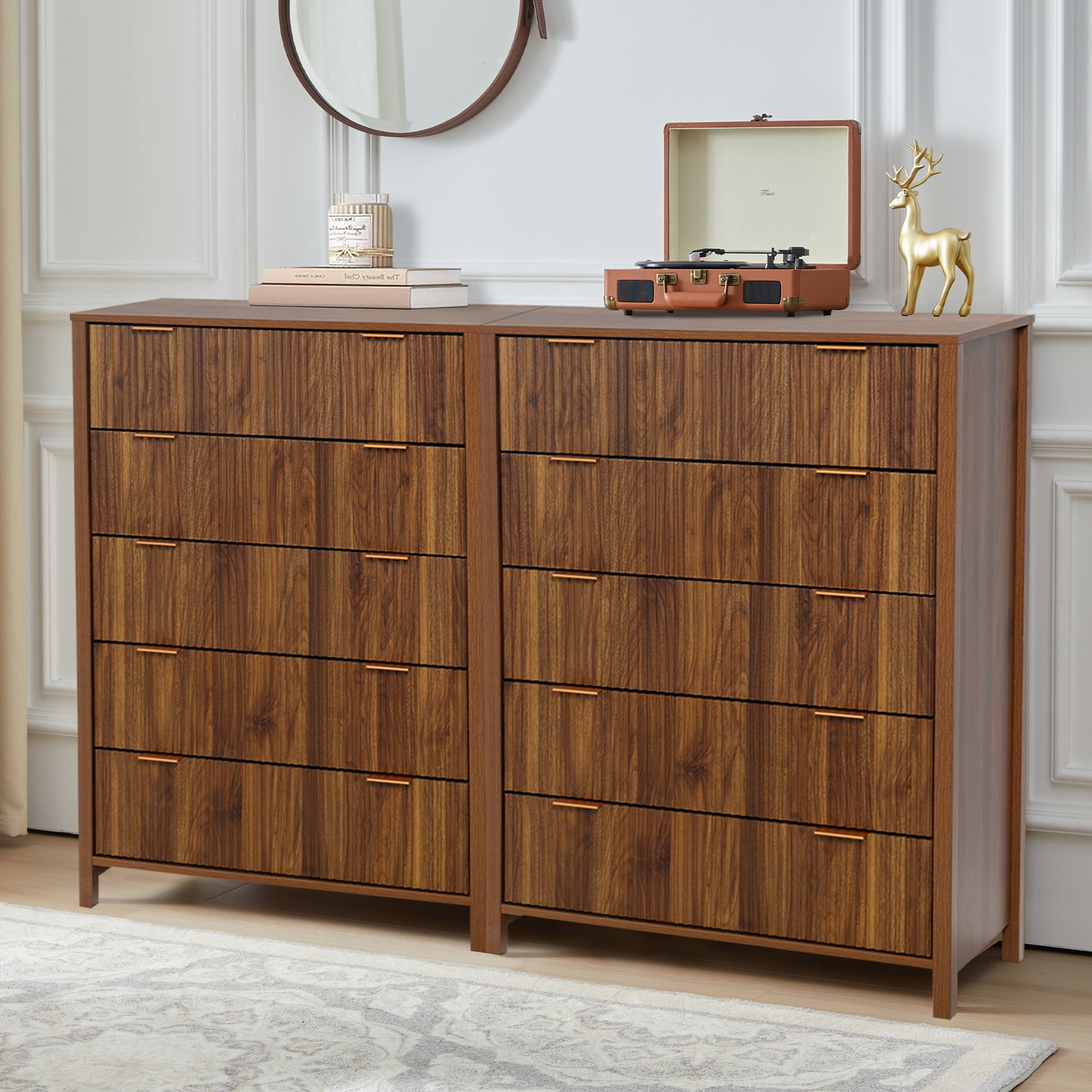 Weselon 5 Drawer Fluted Dresser for Bedroom, Modern Closet Chest of Drawers with Waveform Panel, Wood Storage Dresser Organizer, Walnut