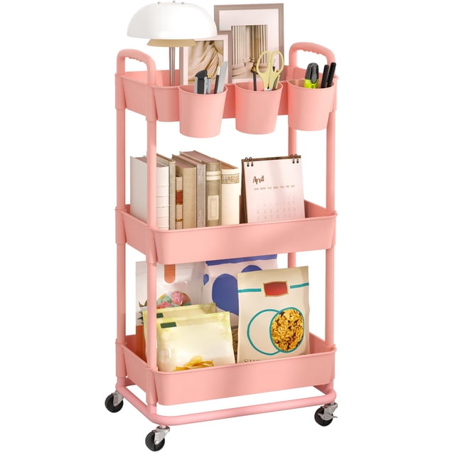 Carrito utilitario JIUYOTREE de plástico de 3 niveles, color rosa