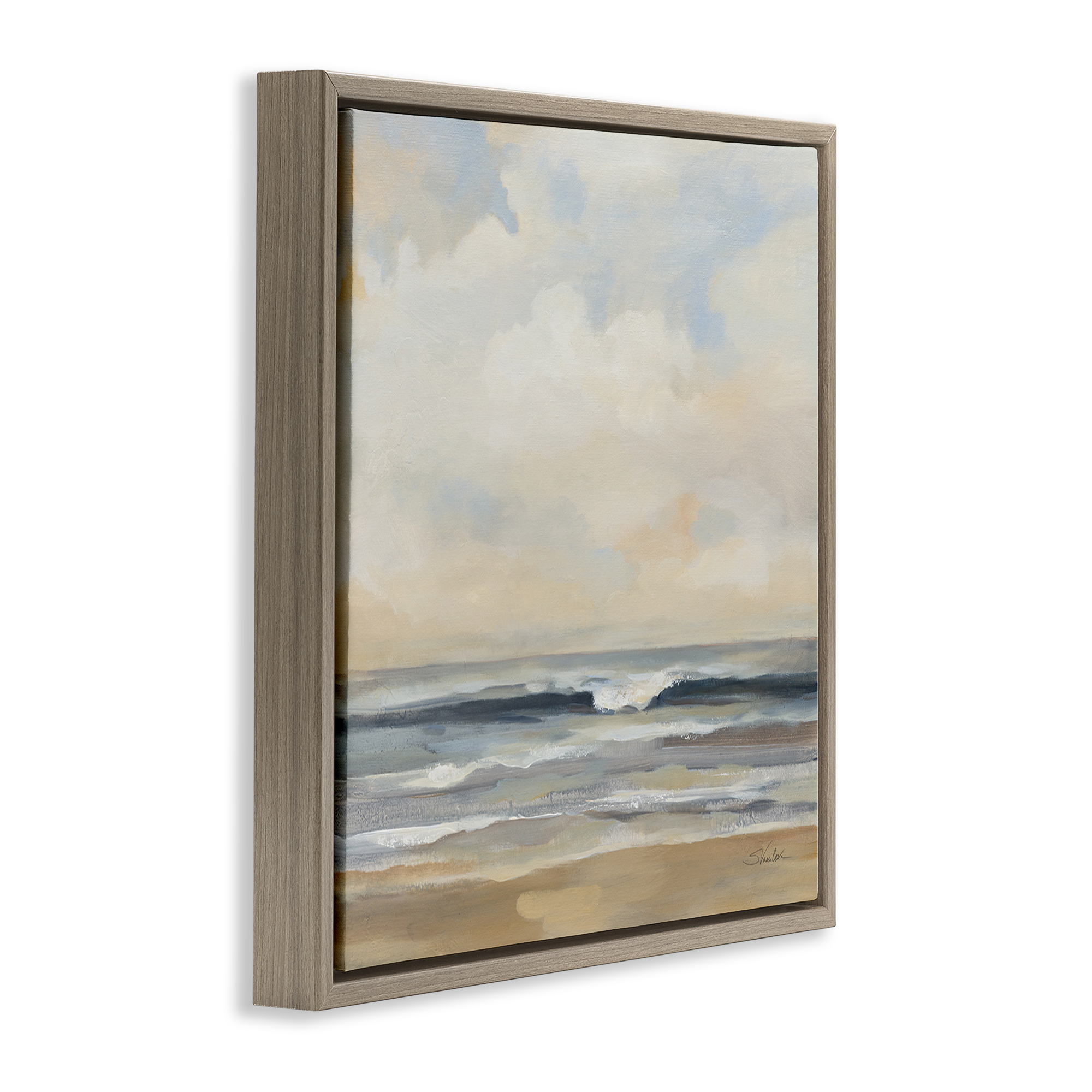 Stupell Industries Misty Haze Shoreline Nautical & Beach Painting Brown Floater Framed Canvas Art Print Wall Art, 18 x 18