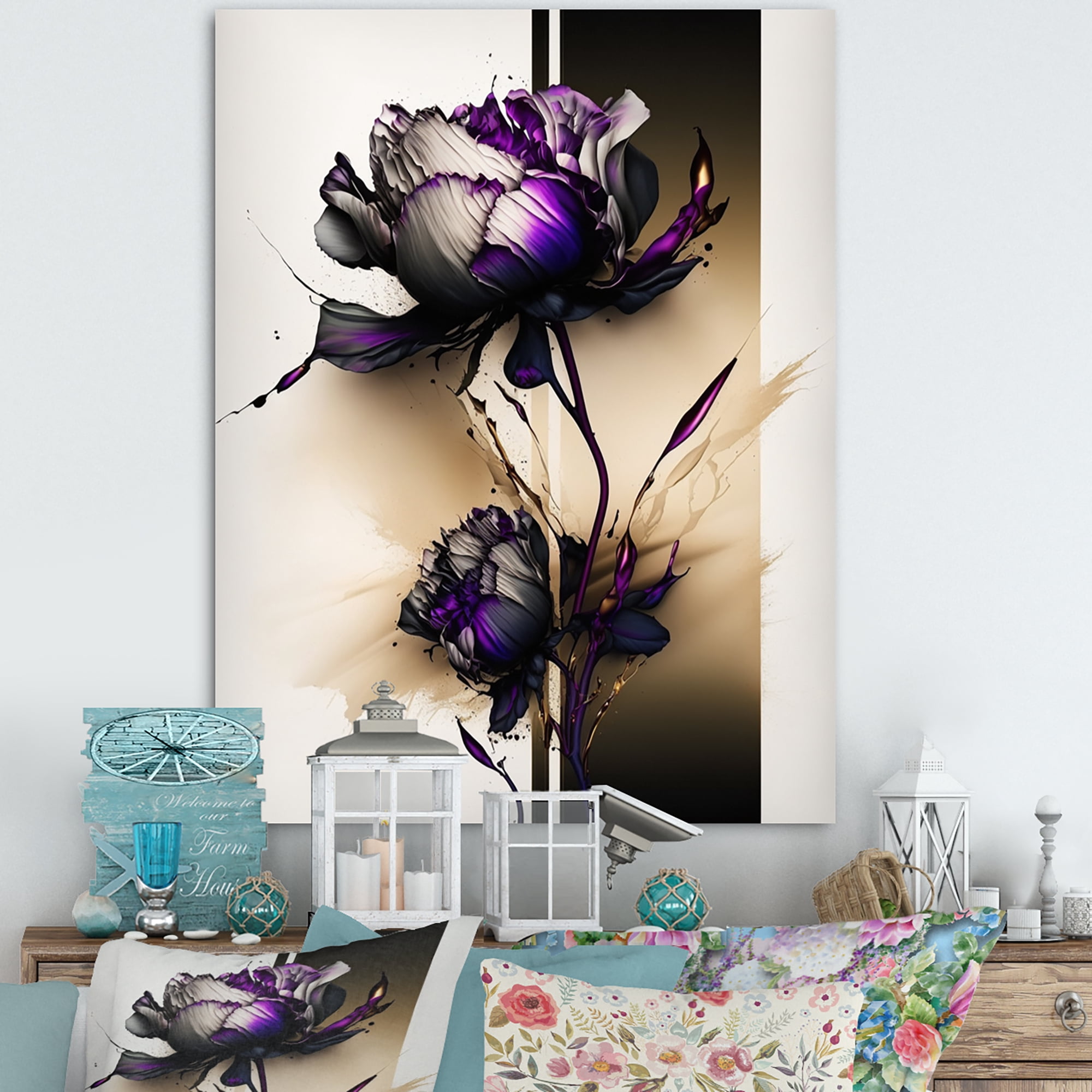 Designart Puple Peony Flower On Abstract Paint IV Canvas Wall Art