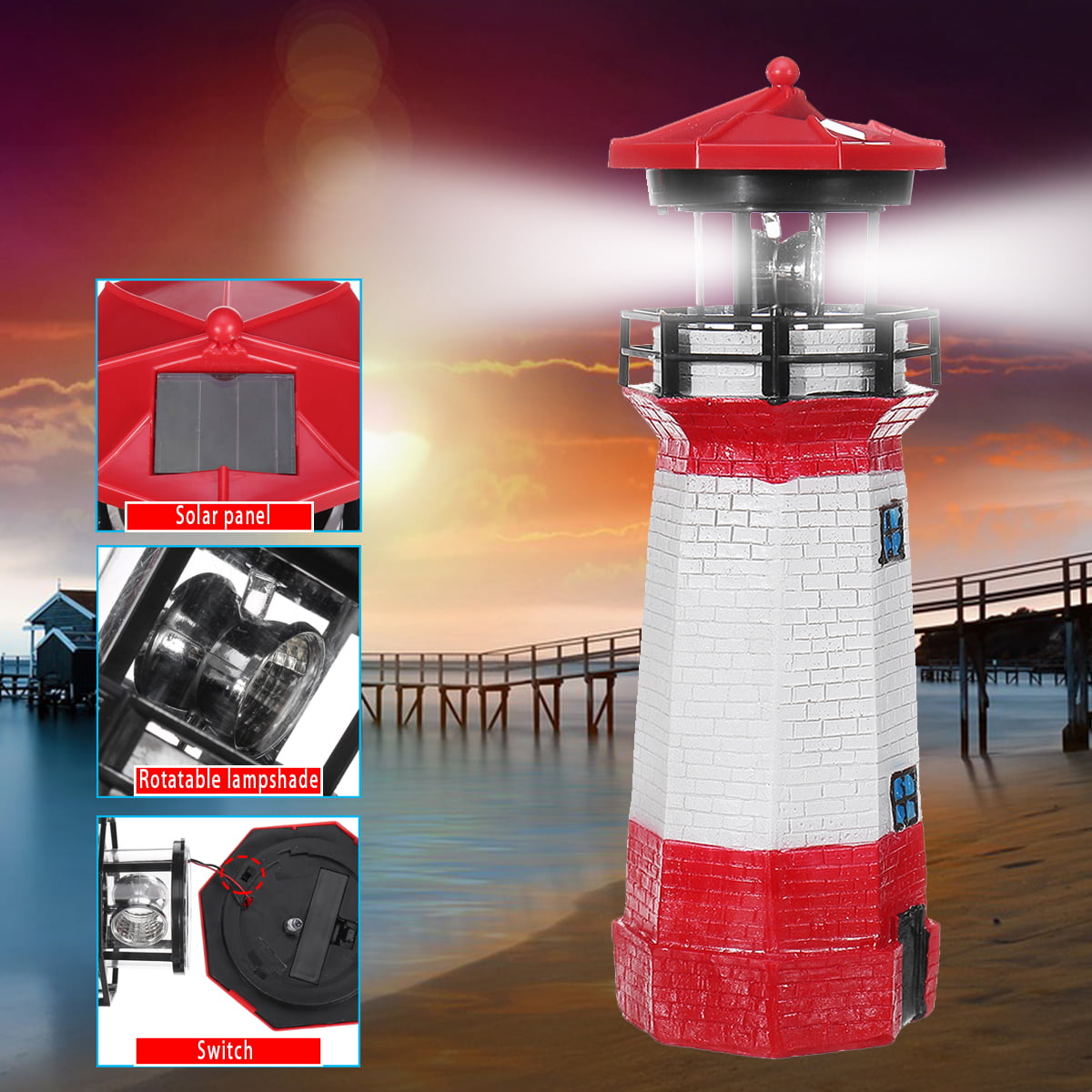Solar Garden Lighthouse,Outdoor Solar Lighthouse with Rotating Lamp Waterproof Rotating Lights House Decoration Ornament for Garden Patio Lawn 