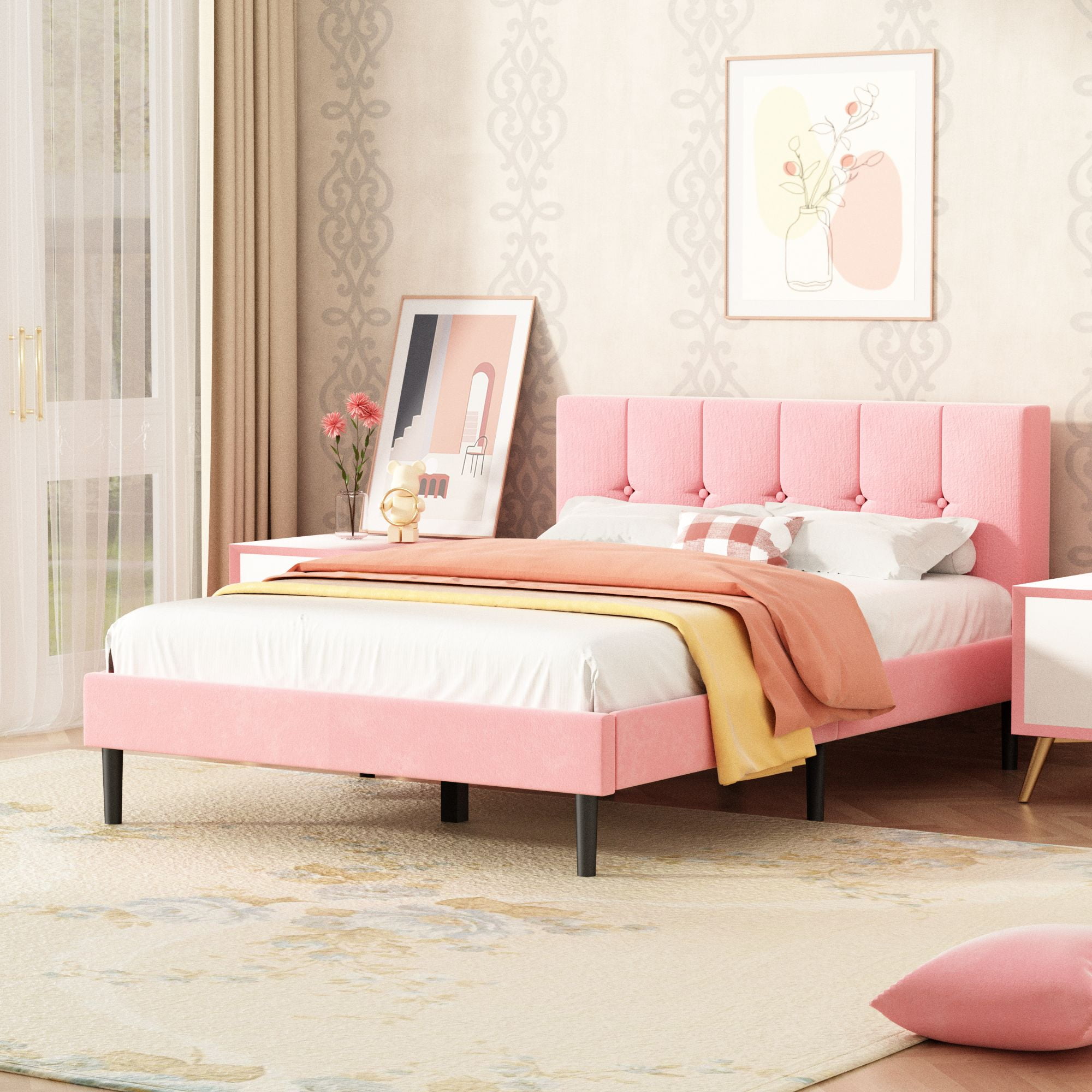 Unizone Full Size Bed Frame with Upholstered Headboard,No Box Spring