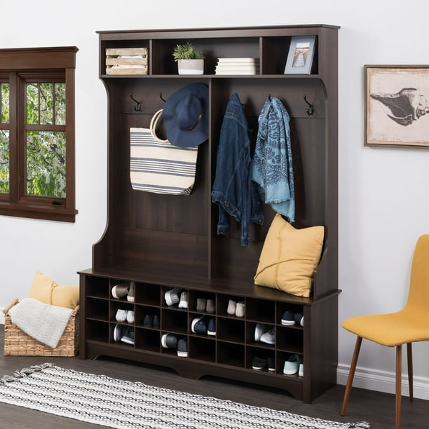 Prepac 60" Wide Hall Tree with 24 Shoe Cubbies, Espresso
