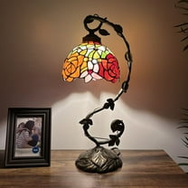 Tiffany Table Lamp Rose Flowers Red Orange Stained Glass Iron Metal Leaves Bronze Base Included LED Bulbs for Living Room Dining Room Bedroom Bedside 21"H*11"W
