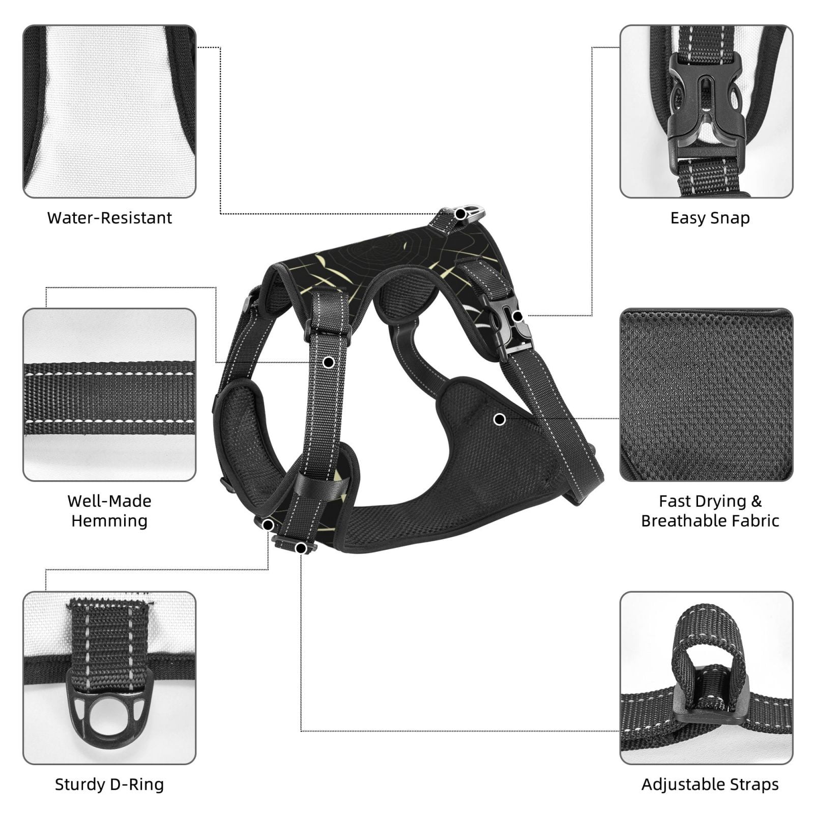 Vsdgher Spiders On The Web Pattern Dog Harness,No Pull Pet Harness with Soft Padded Handle,Adjustable Reflective Vest with 2 Buckles,4 Slide Buckles,S-XL Medium