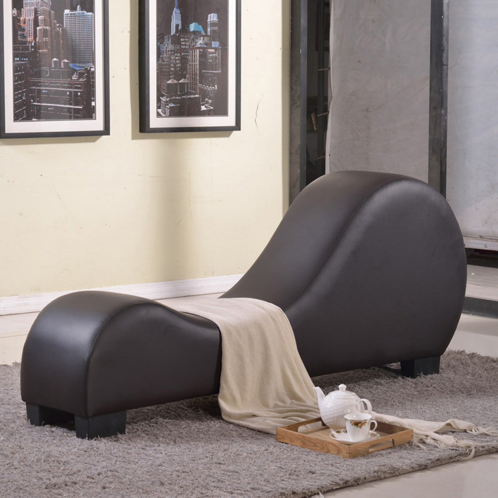 Upholstered Chaise Lounge Chair Indoor Yoga Lounger Curved Brown Details