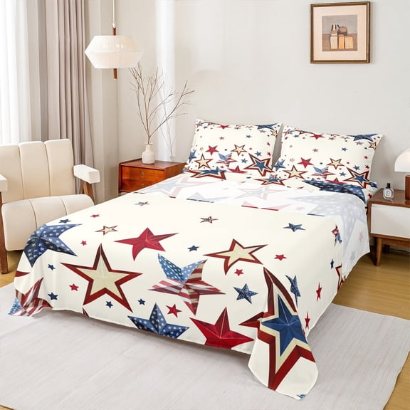 Homewish American Flag Stars Twin Sheet Sets for Teen, Vintage Style Twin Fitted Sheet, Dreamy Cartoon Theme Flat Sheet, Breathable Home Decor, 3-Piece