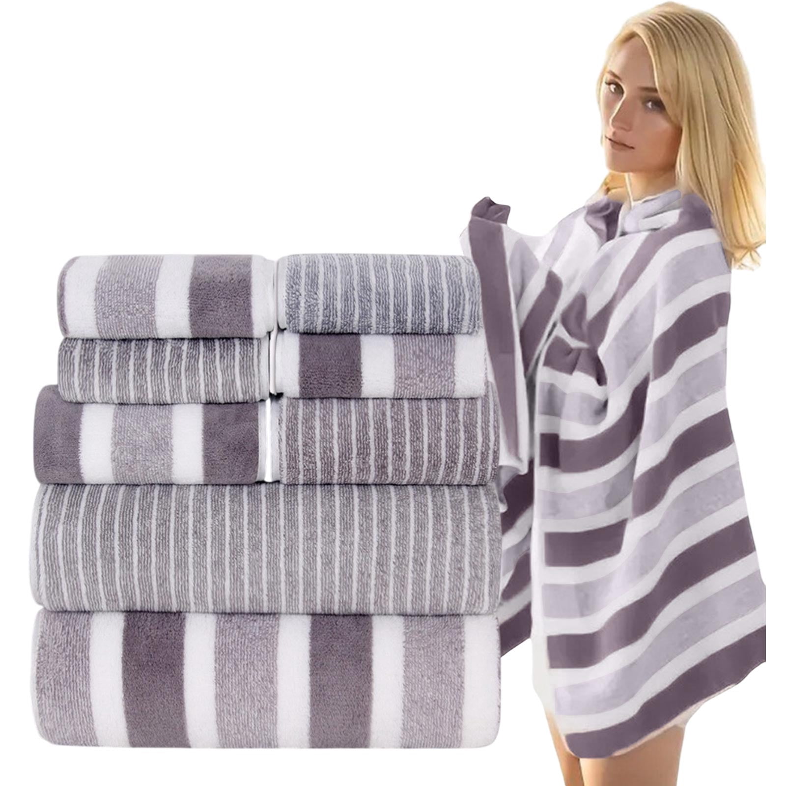 8-Piece Velvet Wide Stripe Bath Towel Set, Super Soft & Absorbent Towels, Washcloths & Bath Sheets for Spa, Home & Guest Use, Gray