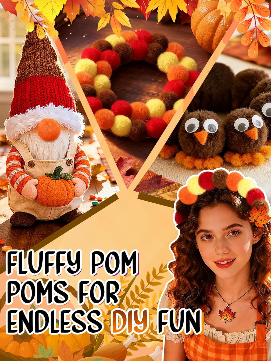 ABPETE 2'' Large Thanksgiving Day Pom Poms for Crafts - 30 pcs Faux Fur Pompoms Fluffy Balls forFall Decorations Handmade Autumn Gifts, Orange/Yellow/Brown/Red