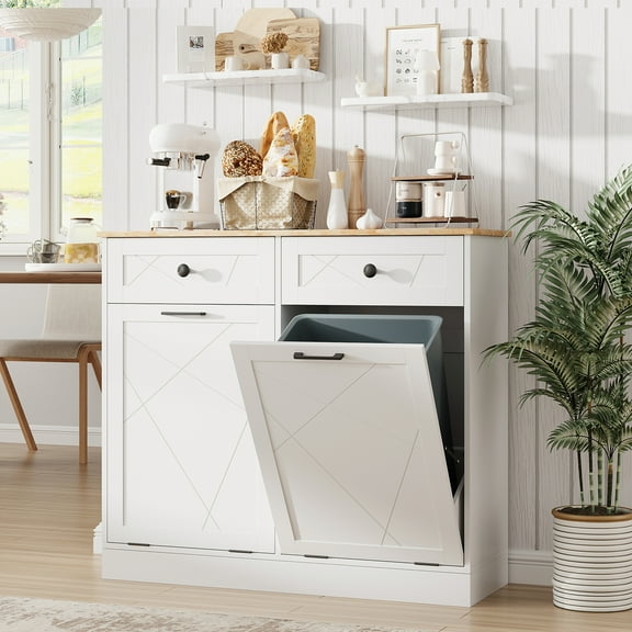Vabches Kitchen Dual Tilt Out Trash Cabinet , Wood 10 Gal Garbage Cans Holder Drawers, White (Without Trash Bin)