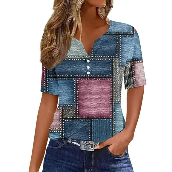 Womens Tops Short Sleeve Women's Fashion Printed Short Sleeves Blouse Round Neck Casual