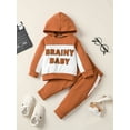 thumbnail image 2 of 6 Months Baby Boys Clothes 9 Months Boys 2PCS Fall Winter Hoodie Outfits Set Letter Print Infant Boys Long Sleeve Top Pants Set Brown, 2 of 6