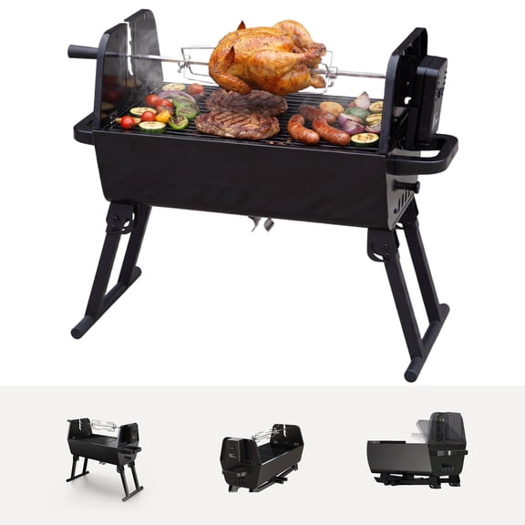 Flintex Portable Charcoal Grill with 360° Motorized Rotisserie, 2-in-1 Direct & Indirect Cooking, Foldable Outdoor BBQ for Camping & Backyard