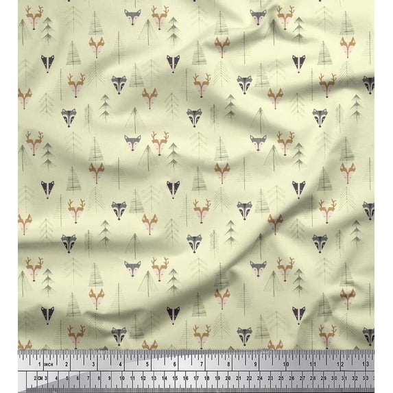 Soimoi Cotton Cambric Fabric Artistic Tree,Reindeer & Fox Face Kids Printed Craft Fabric by The Yard 56 Inch Wide