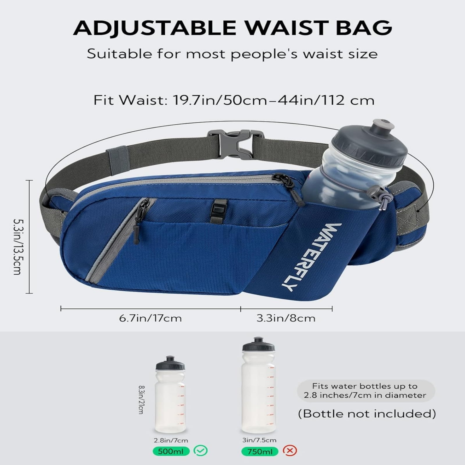 WATERFLY Unisex with Bottle Holder Running Walking Hiking Nylon Fanny Pack Waist Bag,,Blue