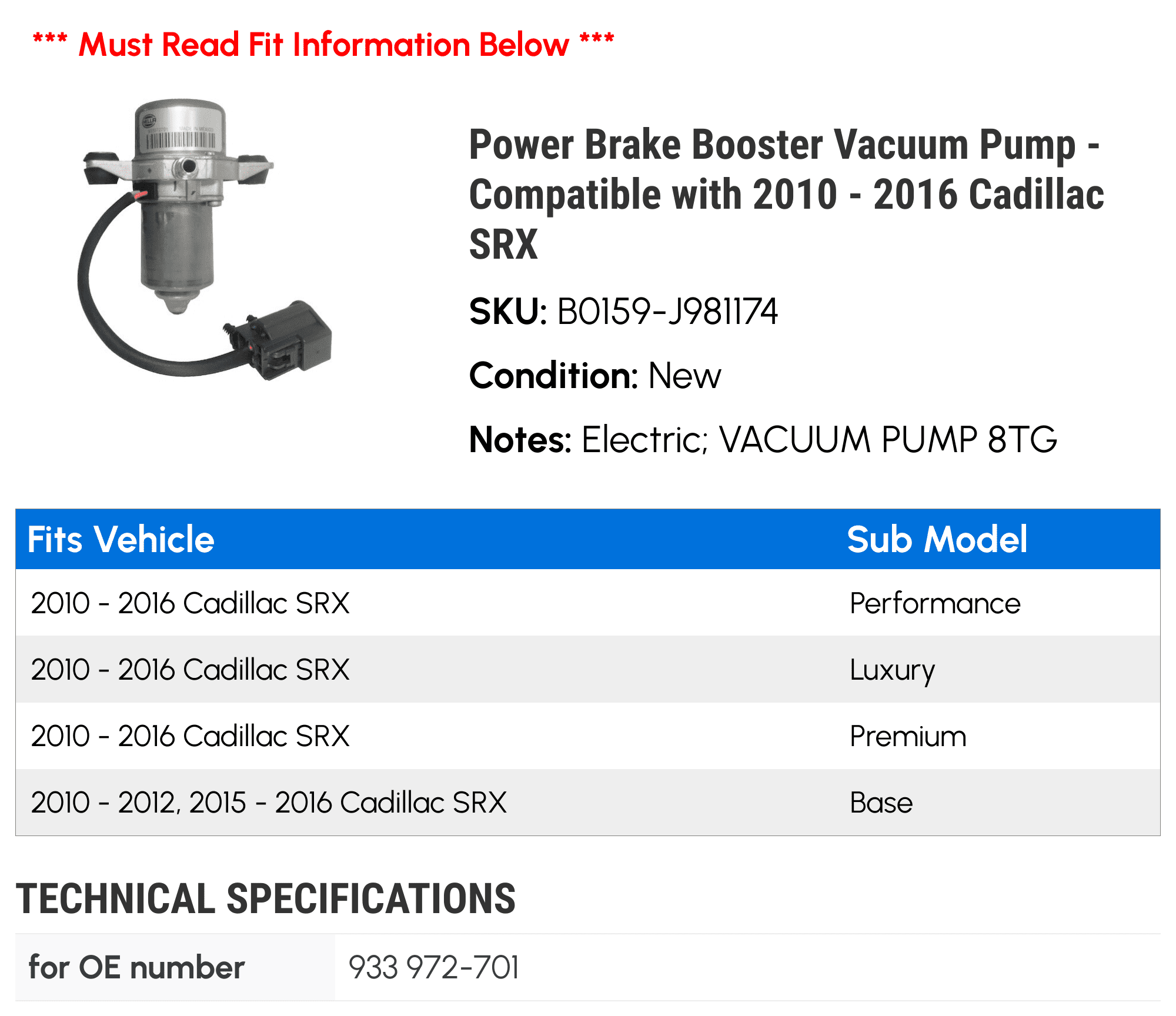 Power Brake Booster Vacuum Pump - Compatible with 2010 - 2016 Cadillac SRX 2011 2012 2013 2014 2015