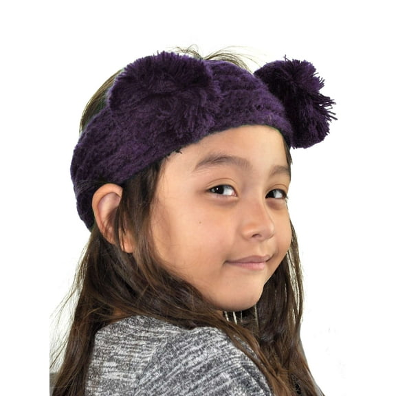C.C Children's Kids' Double Pom Cable Knit Fuzzy Lined Ear Warmer Headband, Dark Purple