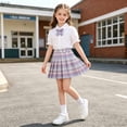thumbnail image 2 of Cotton Two Piece Skirt Set for Girls Summer Puff Sleeve Collared Top Plaid Skirt Bow Tie Preppy School Uniform Outfit for Class Photos Party Recital, 2 of 6