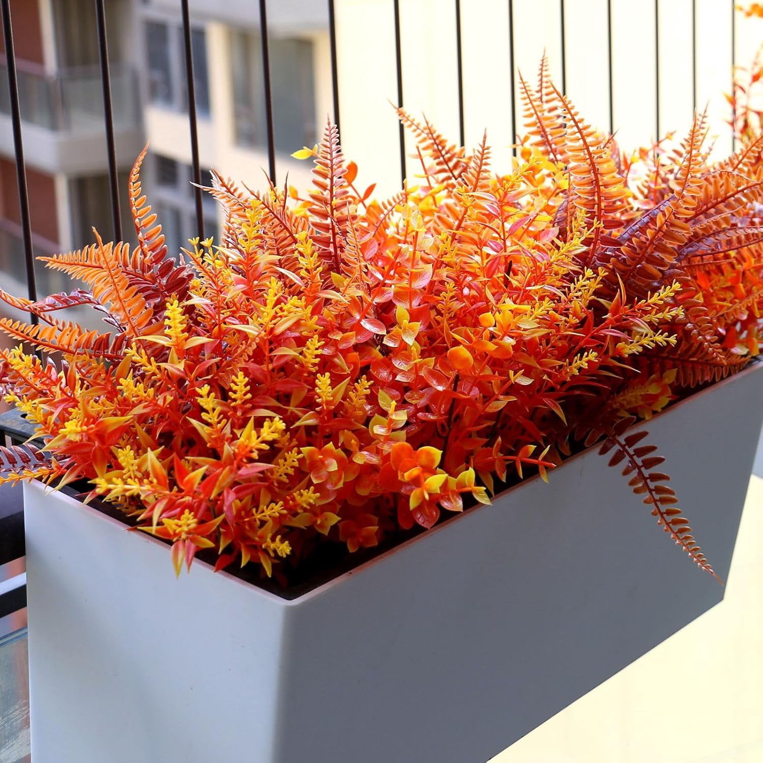 18Pcs Artificial Fall Flowers Plants for Outdoor Autumn Decoration, UV Resistant Plastic Plants, Faux Boston Fern & Eucalyptus Bulk for Garden, Patio, Window Box Decor