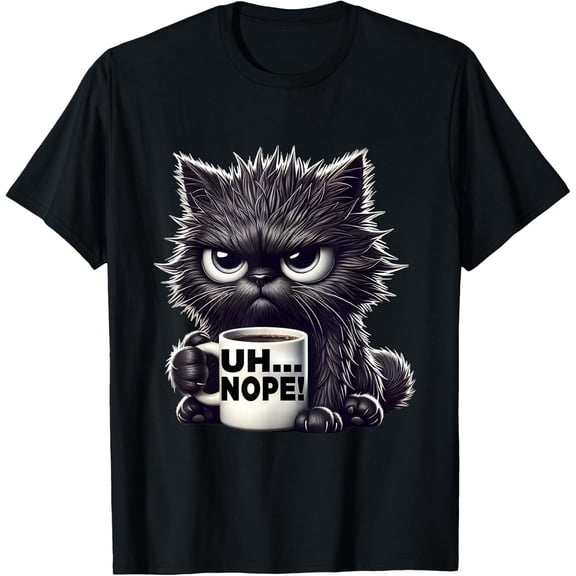 Grumpy Animal Uh Nope Cat Coffee Graphic Tee Funny Unisex T-Shirt