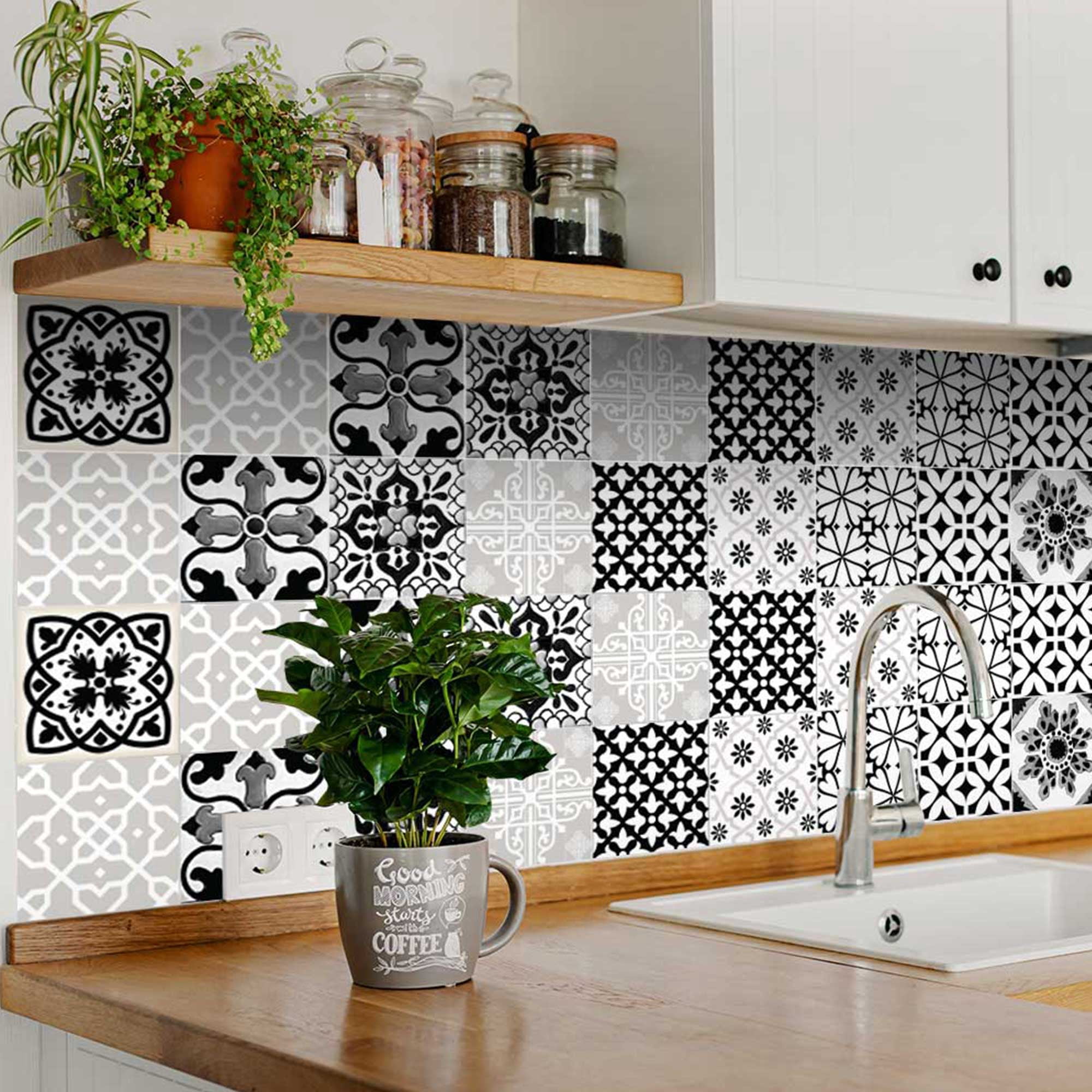 Mi Alma Black & White Collection Peel and Stick Tile Stickers 24 PC Set backsplash Tile Decals Bathroom & Kitchen Vinyl Wall Decals Easy to Apply Just Peel & Stick Home Decor (Line Decals, 4x4 Inch)