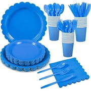 Paper plates and napkins, Easter plates, blue party supplies including light blue fan-shaped plates, napkins cups, plastic spoons, forks, knives, suitable for baby baptism, weddings, birthdays
