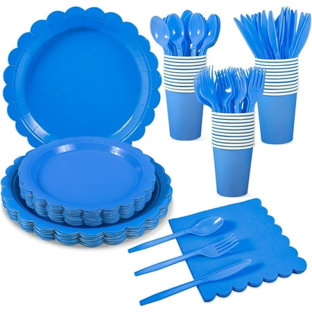 Paper plates and napkins, Easter plates, blue party supplies including light blue fan-shaped plates, napkins cups, plastic spoons, forks, knives, suitable for baby baptism, weddings, birthdays