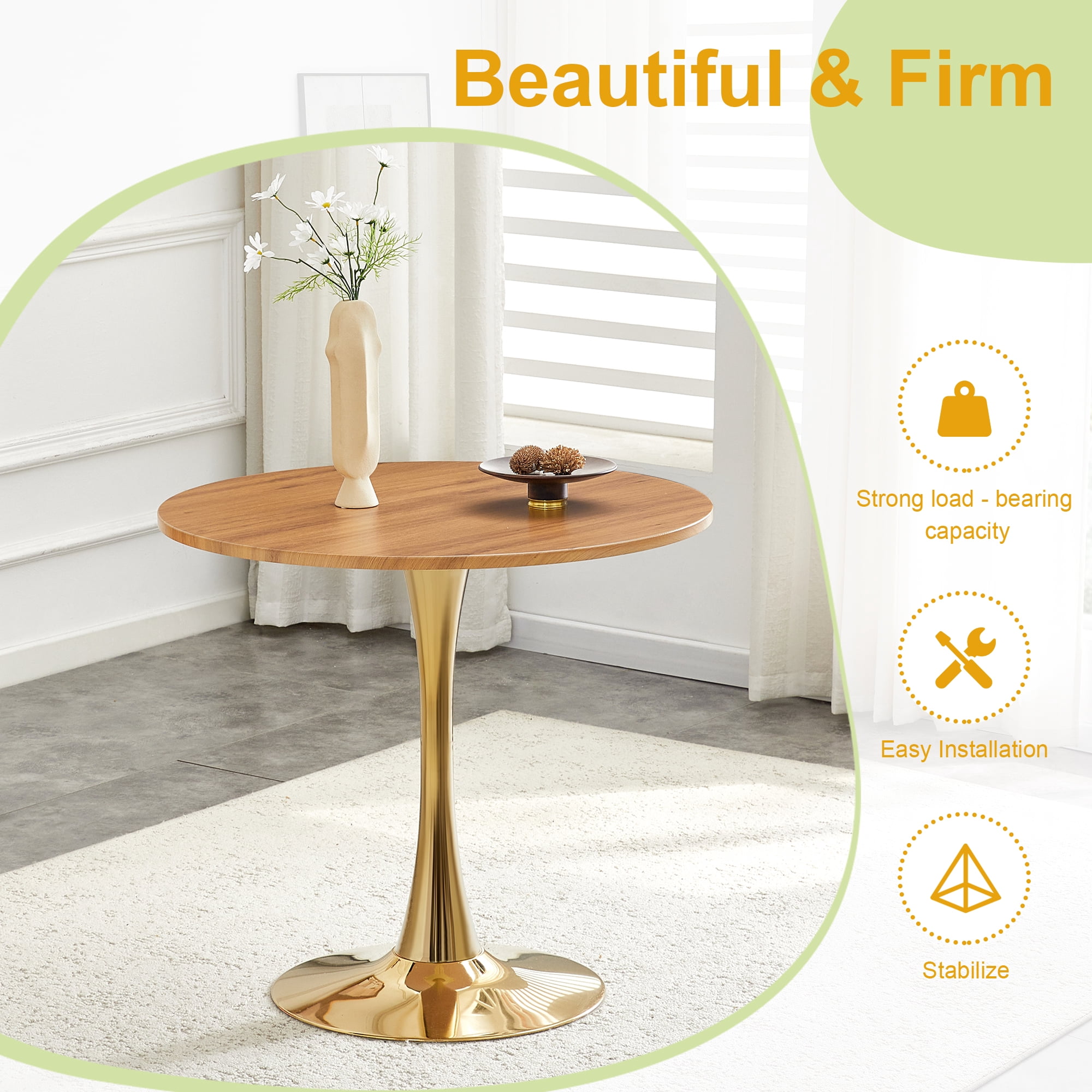 Miniyam 31.5" Round Kitchen Dining Table for 2–4 People, Small Space Pedestal Tulip Table with Engineered Wood Top, Oak&Gold