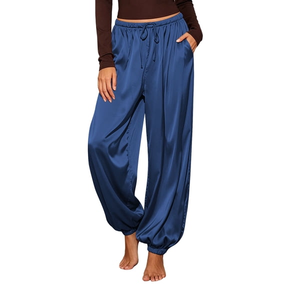 hlysgo Women’s Satin Harem Pants Casual Baggy Barrel Leg Elastic Waist Drawstring Trousers Loose Workout Track Pant with Pockets Navy,XL