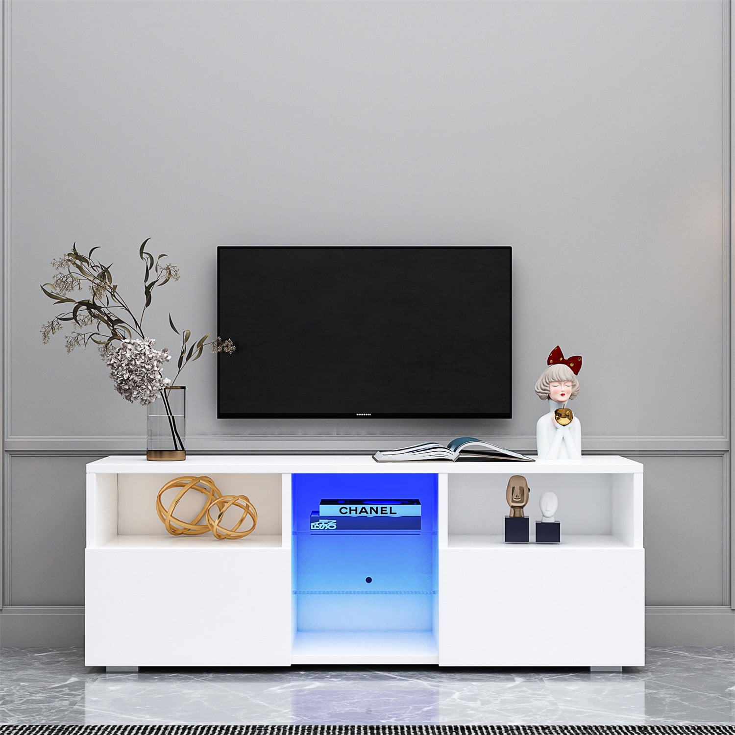 Kadyn Modern High-Gloss TV Cabinet, MDF Minimalist TV Cabinet with 20 colors LED Lights and 2 Drawers, Entertainment Center TV Console for TVs up to 55", White