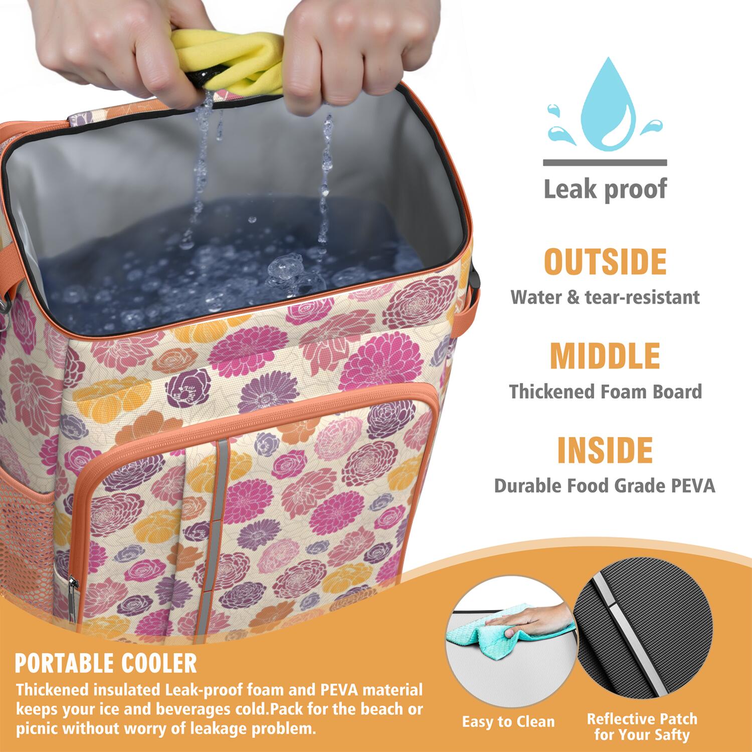 Travel Cooler Bag - Pioneer Flower Floral Print Pattern Camping Beer Cooler Backpack with Bottle Opener- Waterproof Insulated Picnic Backpacks - Cooler Bag for Beach