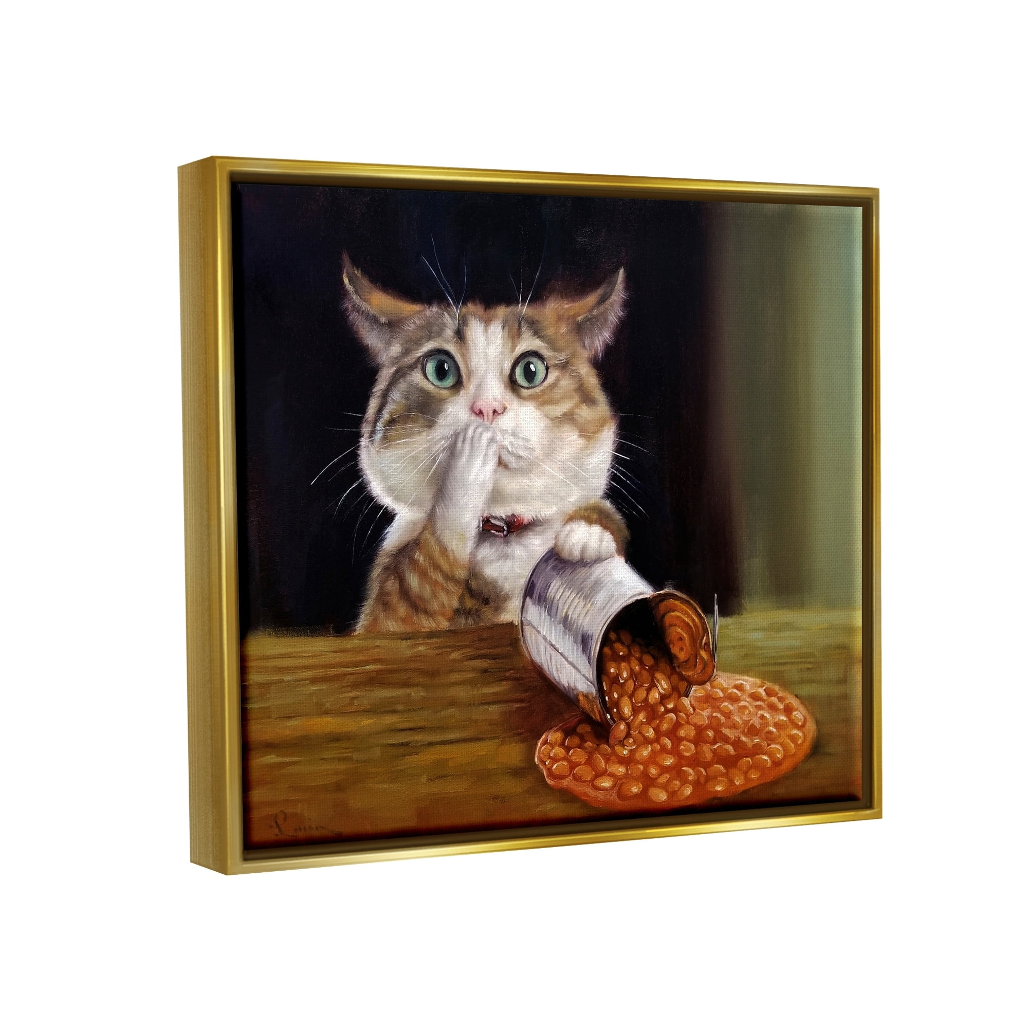 Stupell Industries Spilled The Beans Humorous Cat Kitchen Animal Painting Painting Metallic Gold Floating Framed Canvas Print Wall Art, Design by Lucia Heffernan