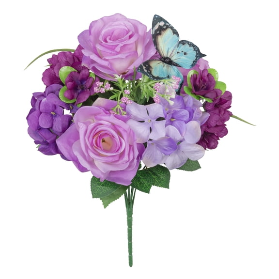 16-inch Artificial Silk Purple Rose & Hydrangea Mixed Summer Bush, for Indoor Use, by Mainstays