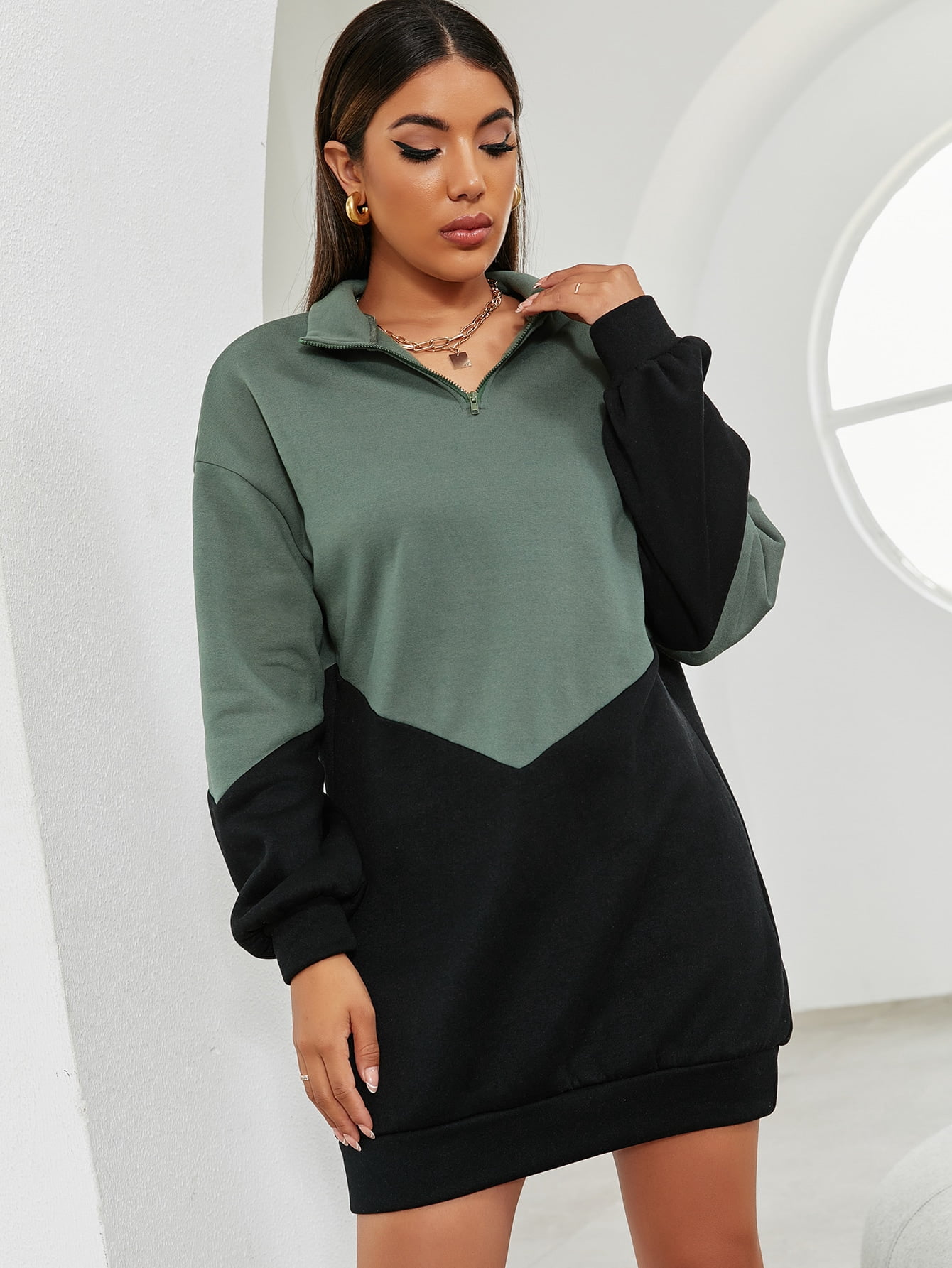 Women's Two Tone Half Zip Drop Shoulder 