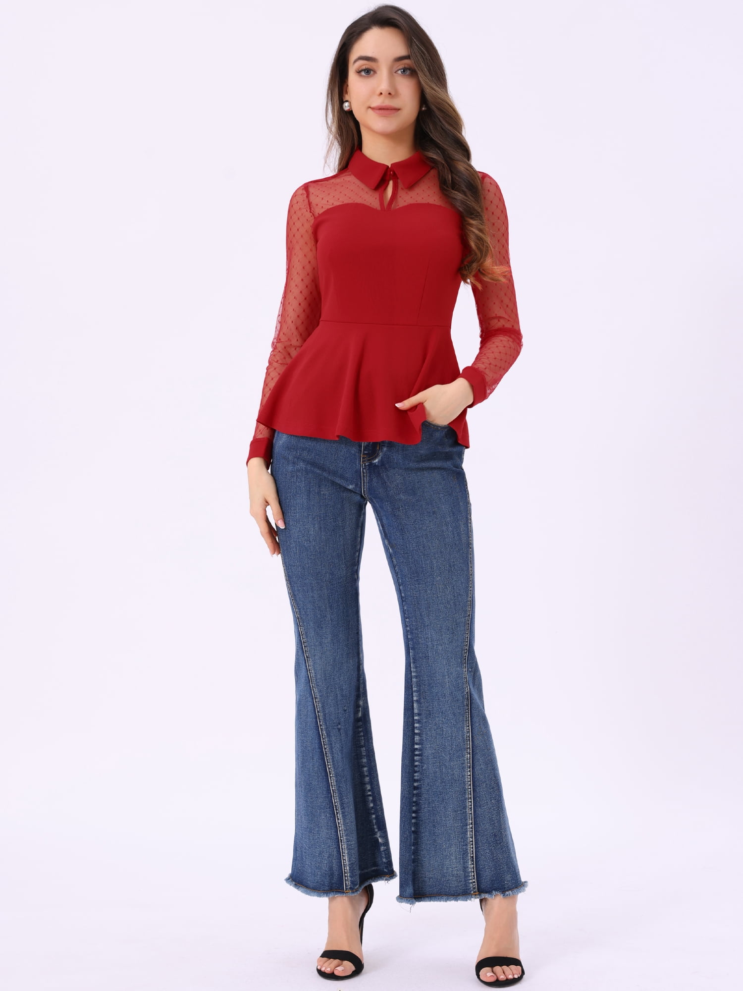 DARING DIVA Mesh Sheer Keyhole Peplum Top S Red