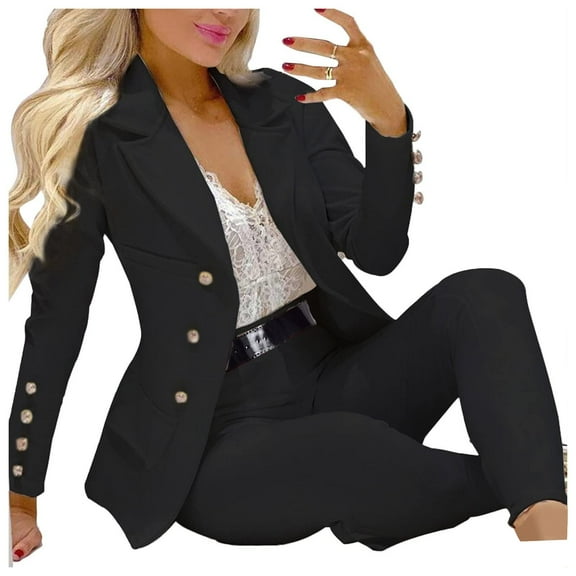 JGGSPWM Women 2 Piece Blazer Set Long Sleeve Solid Single-Breasted Suit Blazer Tops and Pants Casual Business Sets Black M