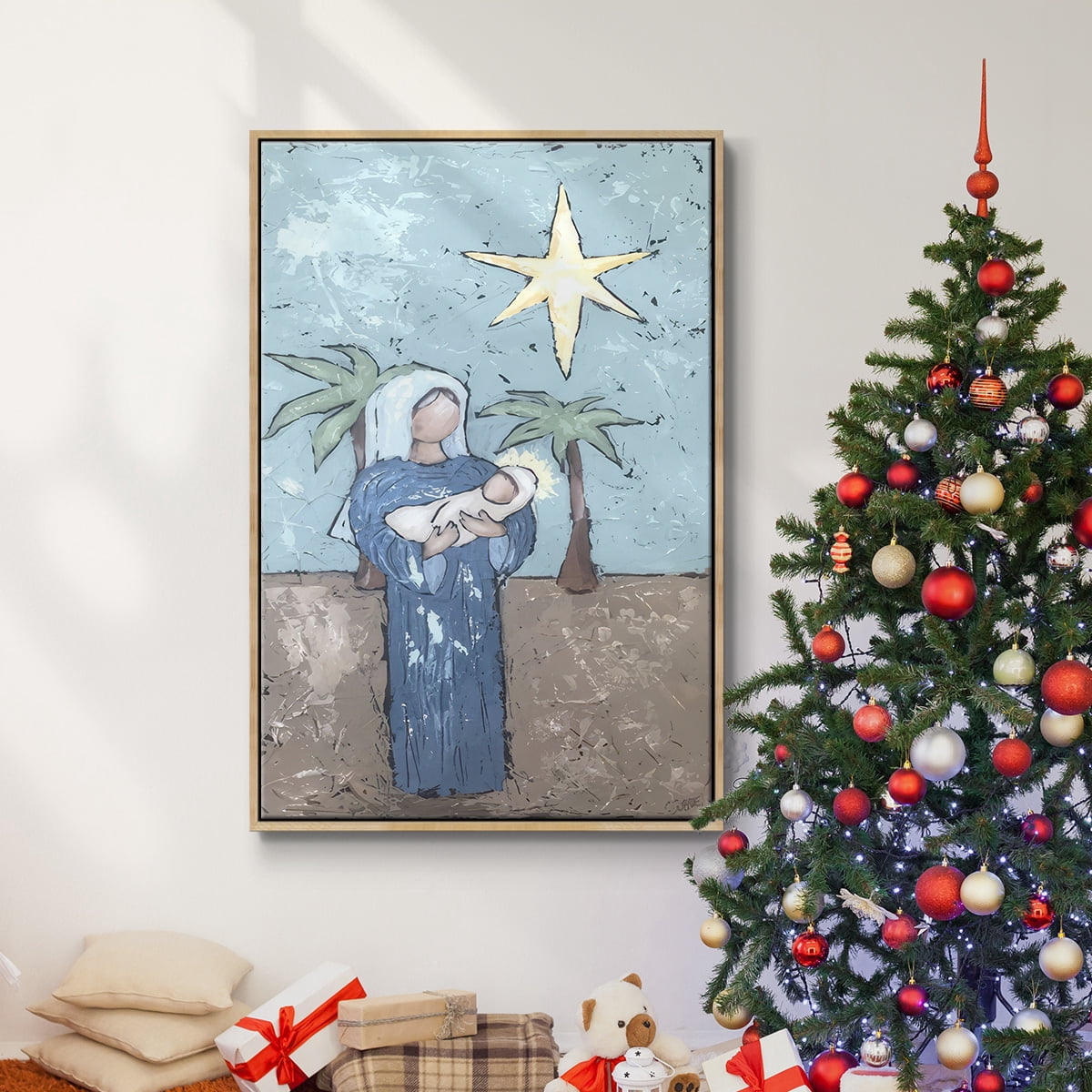 A Silent Night II - Framed Gallery Wrapped Holiday Canvas - 27 x 41 - Natural Wood Frame