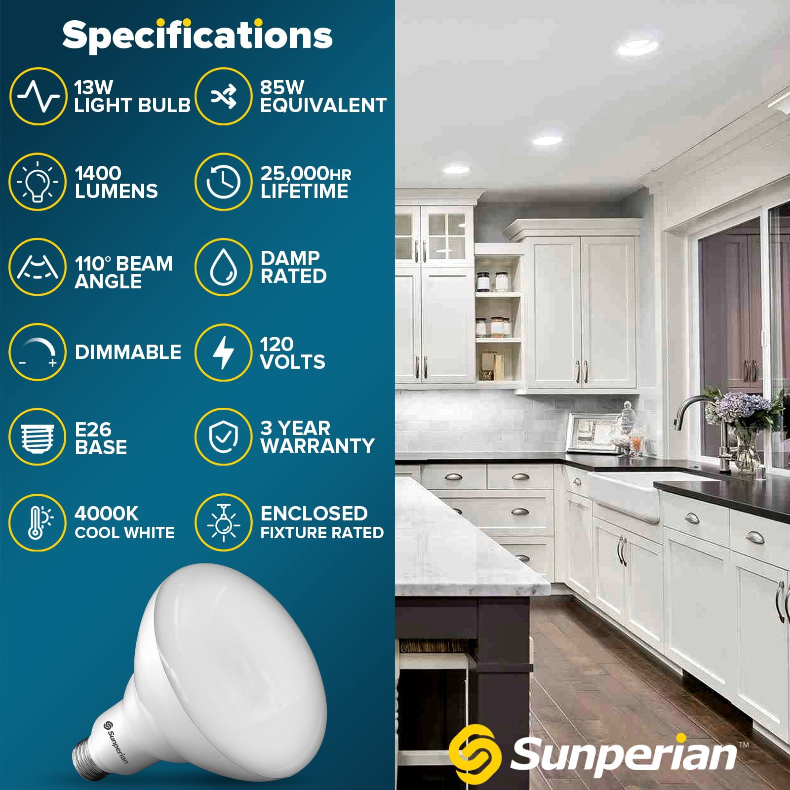 Sunperian BR40 LED Flood Light Bulb 13W=85W 4000K Cool White 1400lm Dimmable Fixture Rated UL Listed E26 4-Pack