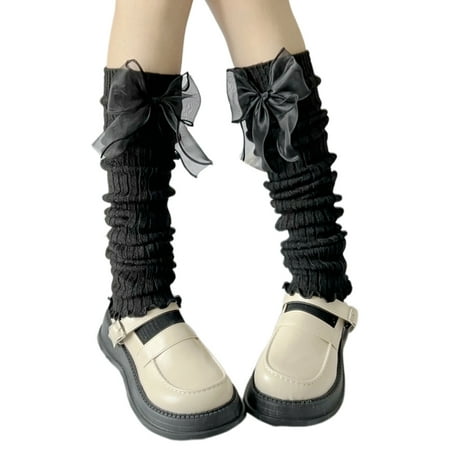 

Fall Winter Ribbed Knitted Leg Warmers Stockings Cute Bowknot Ruffled Hem Foot Covers Middle Tube Long Socks for Women