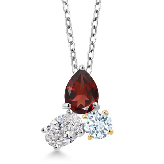 925 Silver and 10K Yellow Gold Red Garnet and Lab Grown Diamond and Aquamarine 3 Stone Pendant Necklace for Women | 2.51 Cttw | Pear Shape 8X6MM | Oval 7X5MM | Round 5MM | with 18 inch Chain