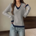 thumbnail image 2 of UJNDER Two Tone Collar Pullover Sweater Long Sleeve Knitted Top Lined Layering Shirt Grey One Size, 2 of 5