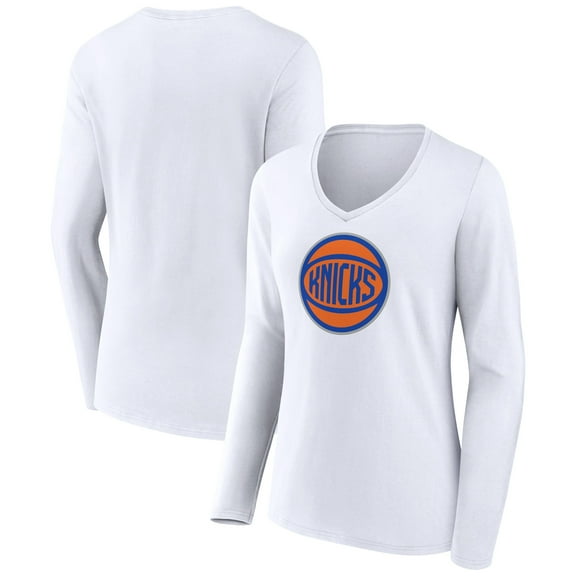 Women's White New York Knicks Alternate Logo V-Neck Long Sleeve T-Shirt