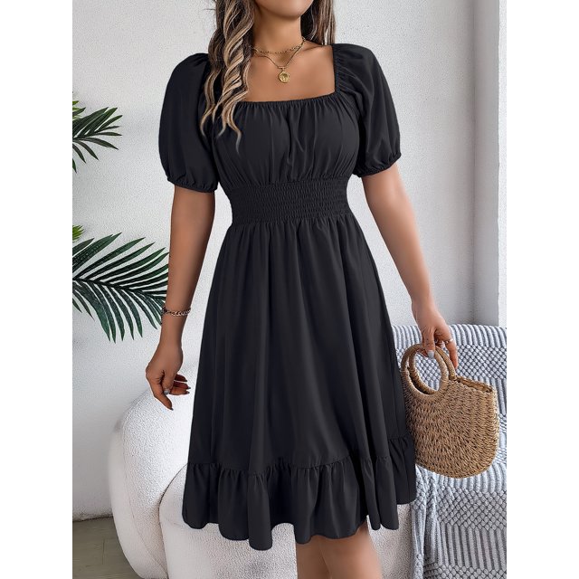 Vestidos MIidi para mujer, verano 2024, informal, cuello cuadrado, manga corta, cintura, borde con volantes, vestido elegante para mujer, Плаalıя Ж Jaya Kami Kamiе