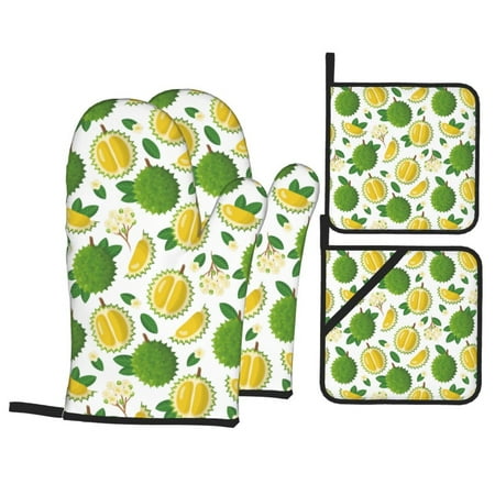 

Oven Mitts and Pot Holders 4 Piece Cute Durian Flower Leaves High Heat Slip Resistant Oven Mitt and Trivets Set Kitchen Oven Glove Pot Holders for Cooking Baking Grilling